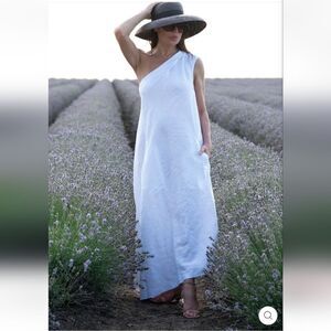 LJC DESIGNS dress 100% Linen one shoulder asymmetrical hem coastal summer dress